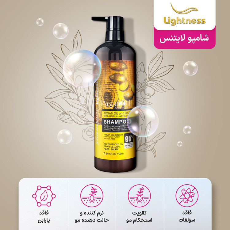 شامپو ضد ریزش و تقویت کننده لایتنس(اورجینال) مدل فاقد سولفات دارای روغن آرگان و پروتئین حجم 900 میلی لیتر